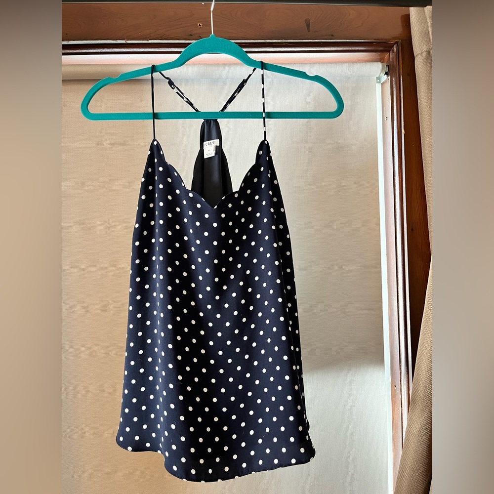 J. Crew navy blue polka dot racer back tank top with scalloped neckline
